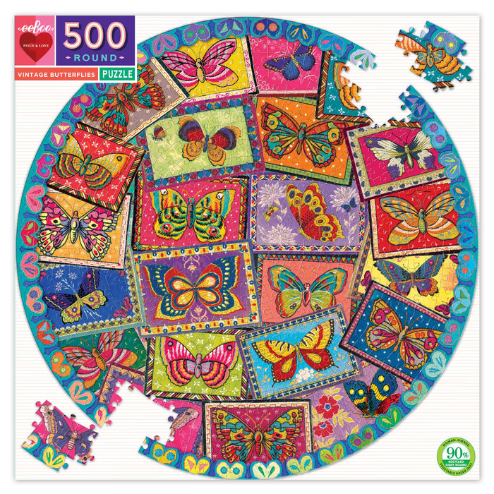 Vintage Butterflies 500 Piece Round Puzzle, by eeBoo